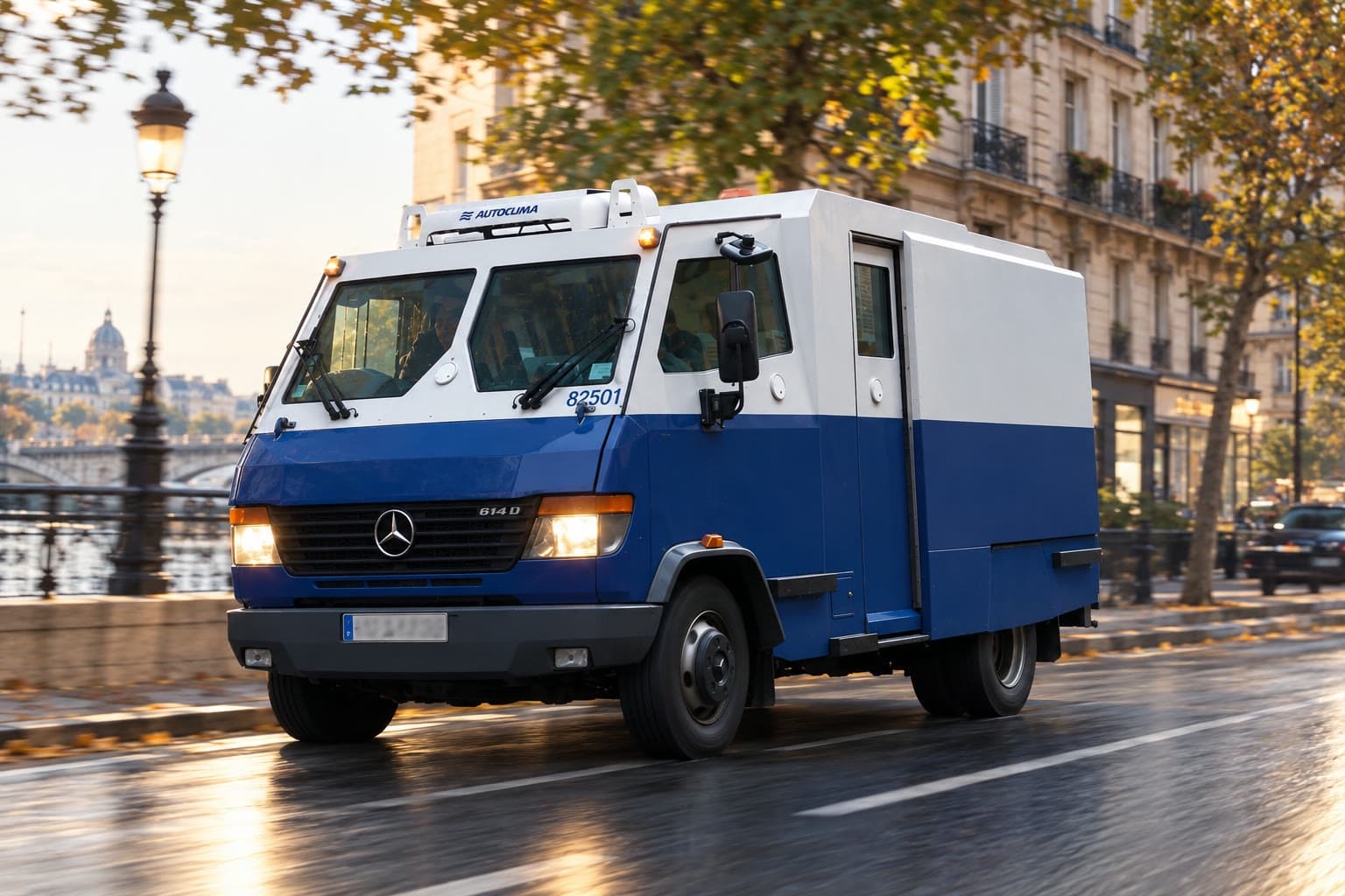 Fourgon blindé de transport de fonds circulant sur un quai de Paris