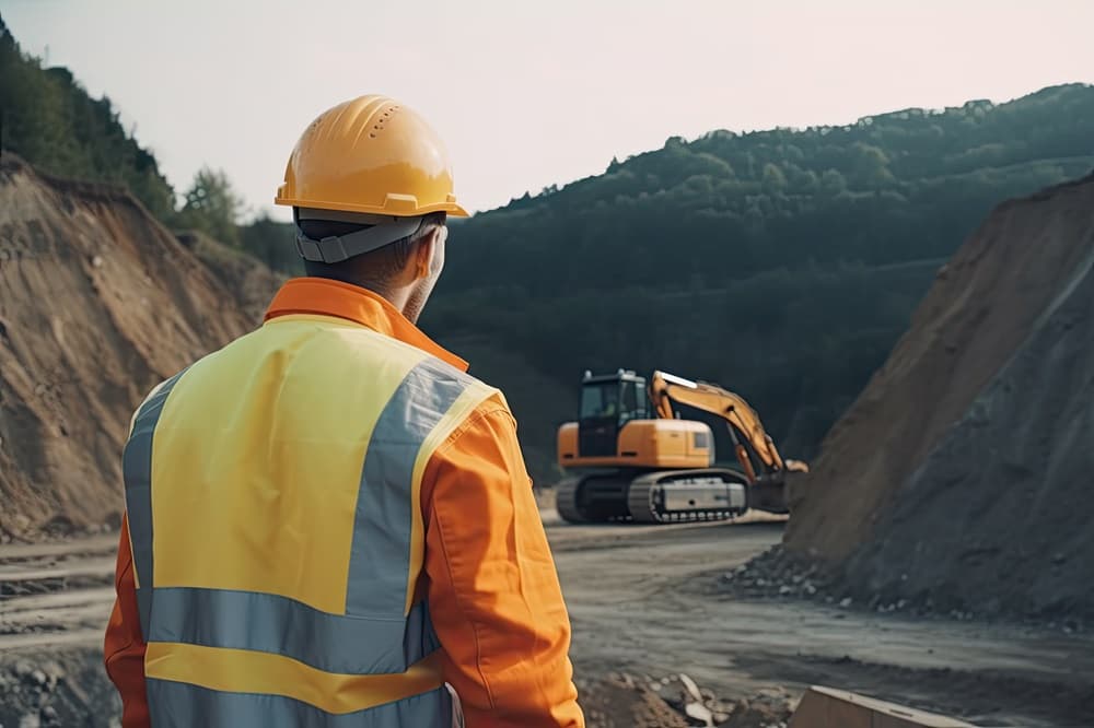 worker from behind dressed in work clothes observing some excavators on the construction site. Ai generative